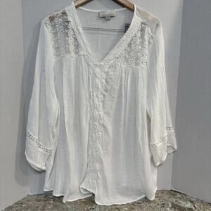 Carolyn Taylor Woman 3X Blouse Cotton Blend 3/4 Sl Crochet Crepe Ivory Summer‎
